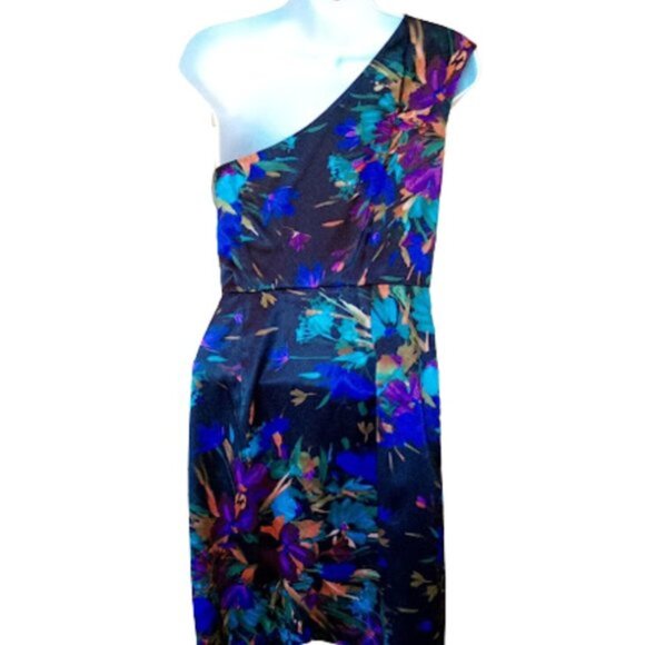 Lovely Satin Floral Asymmetrical One-Shoulder Satin Dress Size 6 Petite - Picture 2 of 7